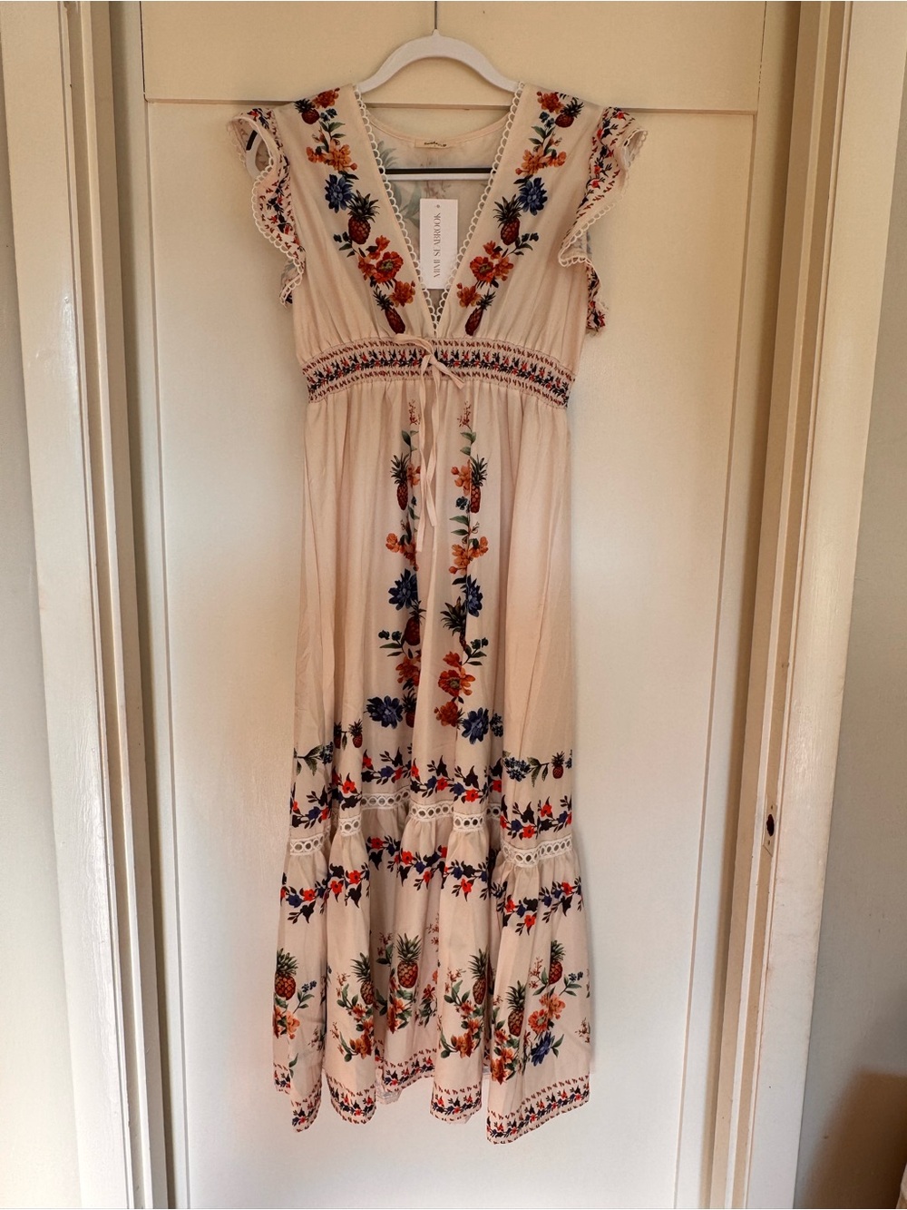Sunday Up Cream Maxi Dress with Multicolor Floral Embroidery